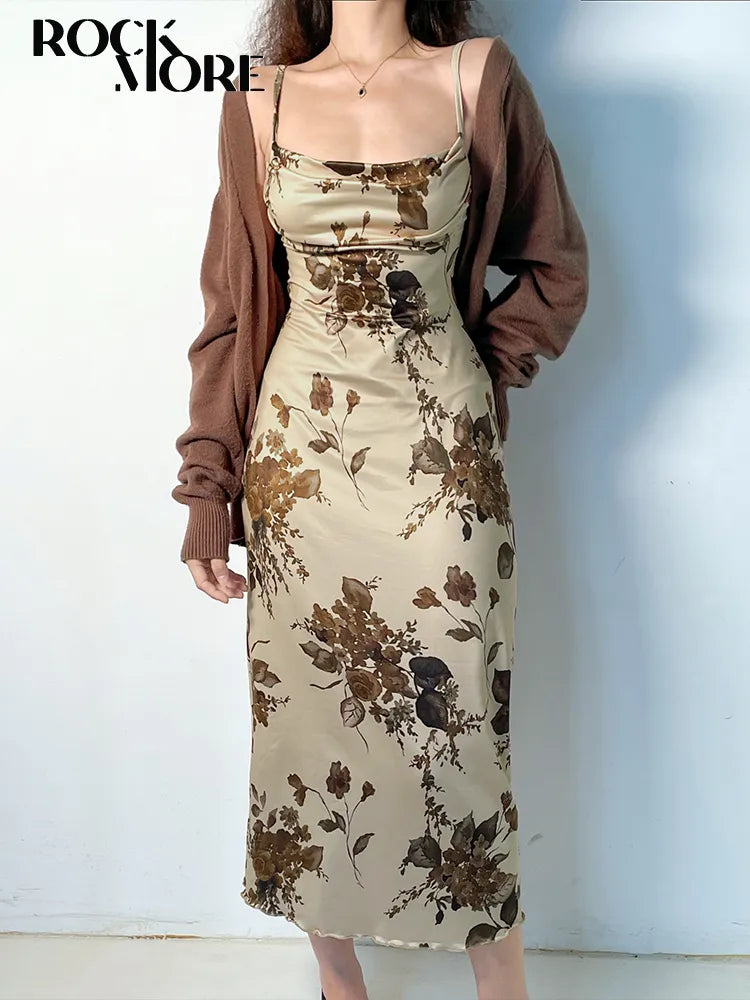 Y2K Vintage Party Long Dress Grunge Fairycore Print Maxi Dresses Elegant Beach Style Backless Sundress Women Clothes