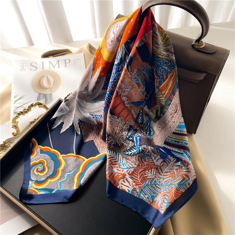 Luxury Print Satin Silk Square Scarf for Women Shawl Hijab Neckerchief Female Hair Ribbon Headband Fashion Wrap Bandana New FJ663-1