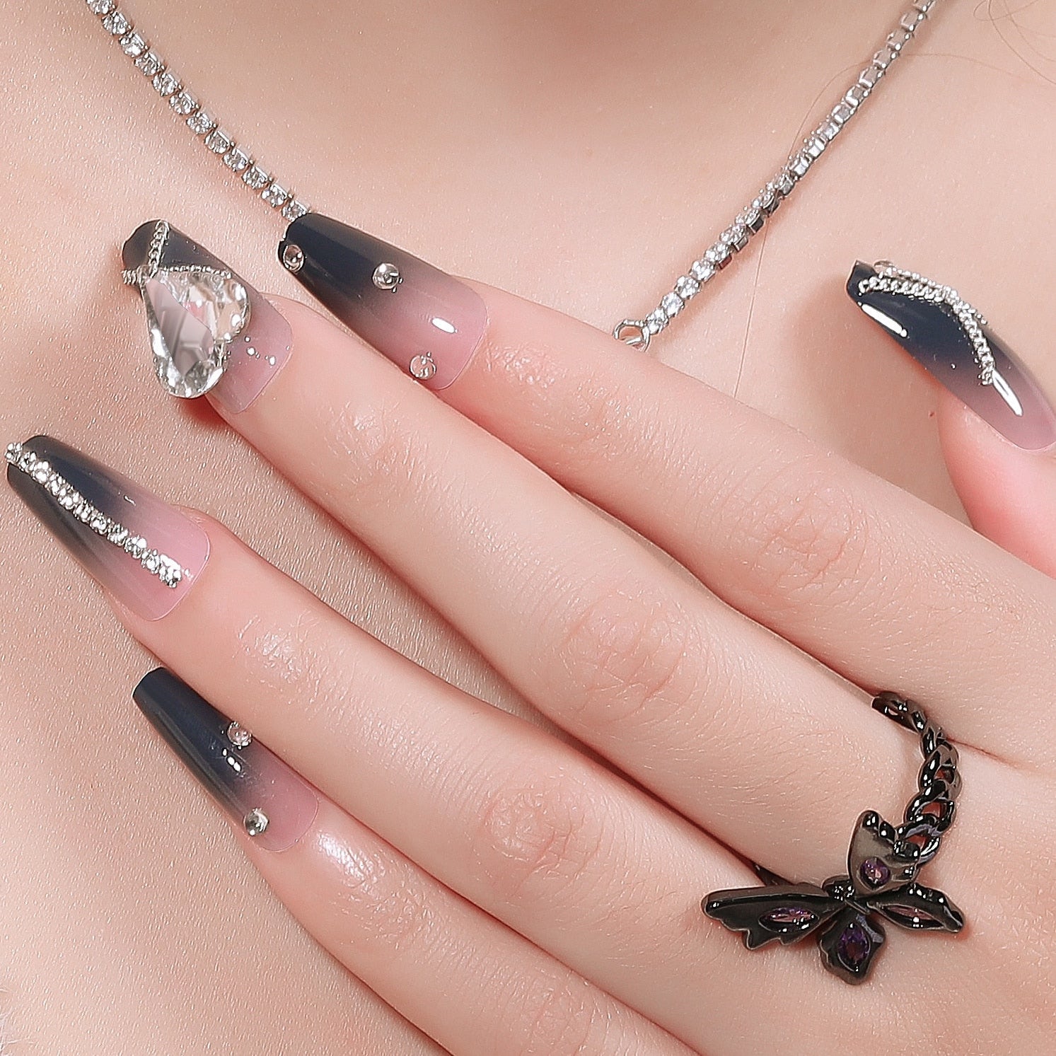 CNHIDS 24Pcs Charming Sparkling Purple Long Coffin False Nail Press On Nail Tips Girl Decoration Crystal Fake Nail With Design 30