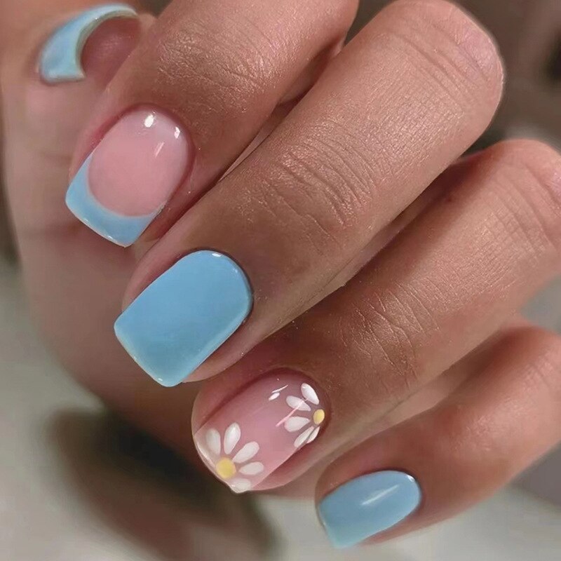 Summer New Square False Nails French Fake Nails With Flower Pattern Designs False Nails Full Cover Detachable Press on Nail Tips 11