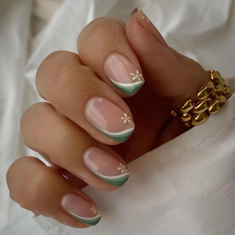 Summer New Square False Nails French Fake Nails With Flower Pattern Designs False Nails Full Cover Detachable Press on Nail Tips 8
