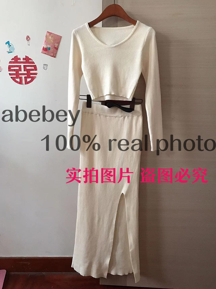 Knitted Winter Women Sexy Sweater Skirt Suit Y2K Fashion Long Sleeve Crop Tops And Long Split Skirt Dress Two Piece Sets qianxingse