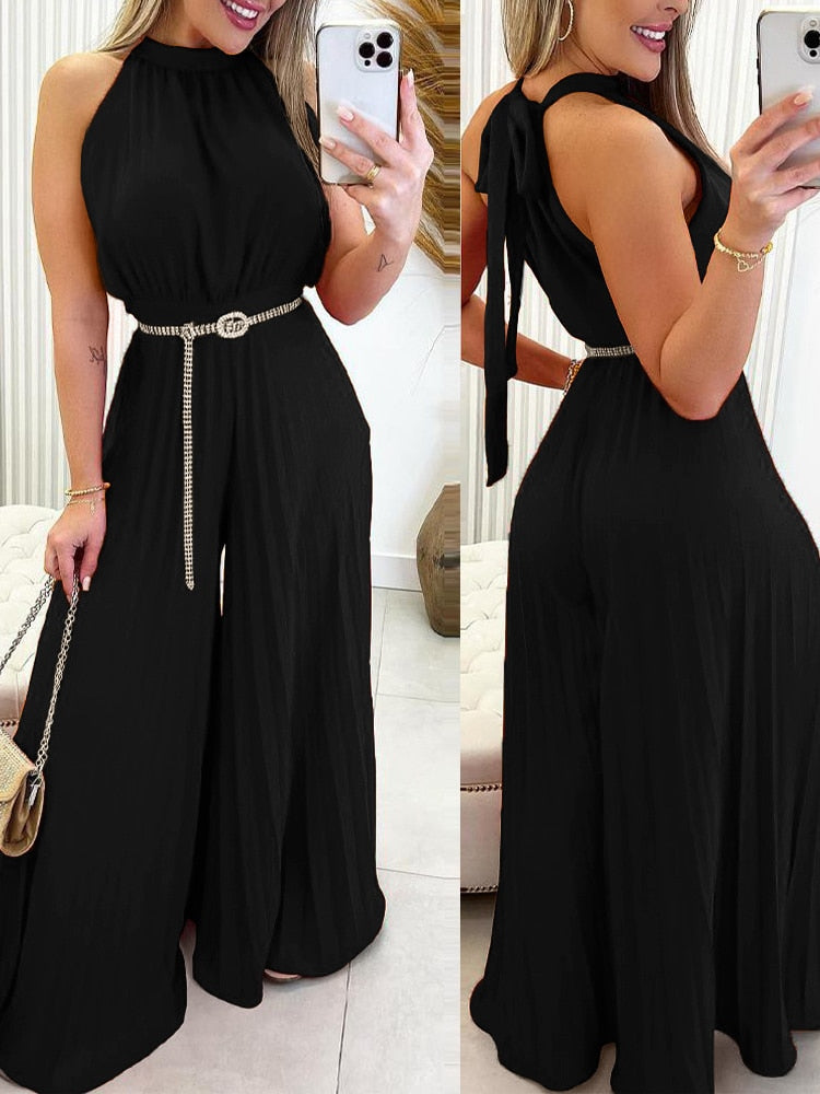 Elegant Women Fashion Red Green Sleeveless Jumpsuit Summer Sexy Halter Tied Detail Plain Pleated Wide Leg Casual Long Jumpsuit