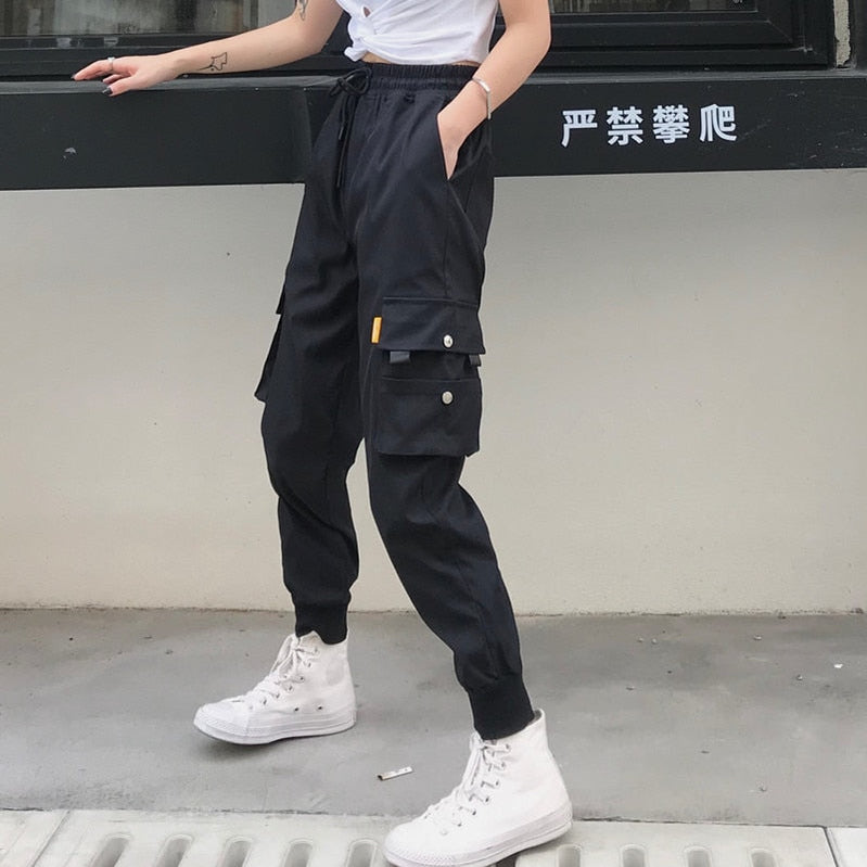Hot Big Pockets Cargo Pants Women High Waist Loose Streetwear Pants Baggy Tactical Trouser Hip Hop Joggers Pants