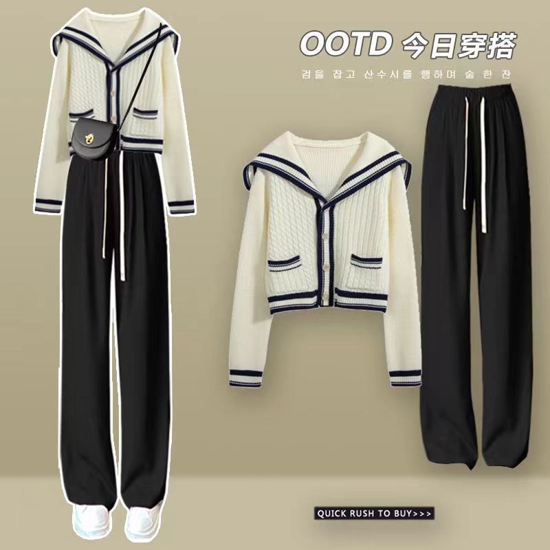 Sailor Collar Two Piece Set for Women Knitted Cardigan + Pant Sets Long Sleeve Korean Outfit Tracksuit New Knit Autumn Suit blue black