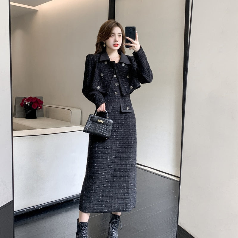 Luxury Tweed Two Piece Set Women Outfits Female Vintage Lapel Short Jacket Coat+Spaghetti Straps Dress Suit Fall Winter Woolen S picture color
