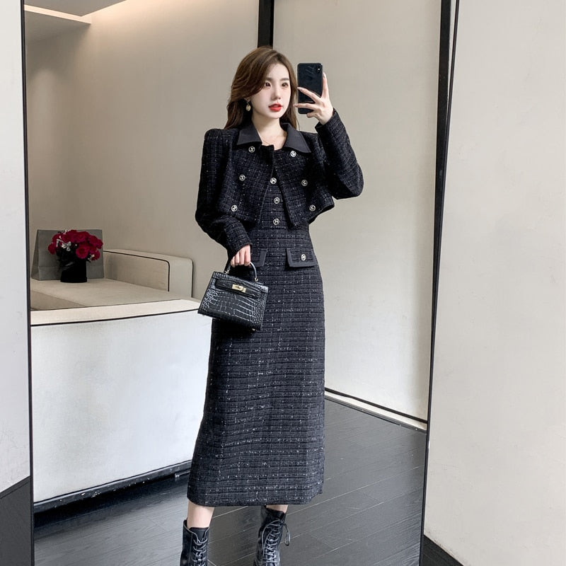 Luxury Tweed Two Piece Set Women Outfits Female Vintage Lapel Short Jacket Coat+Spaghetti Straps Dress Suit Fall Winter Woolen S
