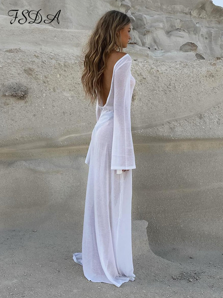 Maxi Long Sleeve Women Dress Backless Club See Through Mesh Summer Sexy Party Beach Dresses Bodycon Casual