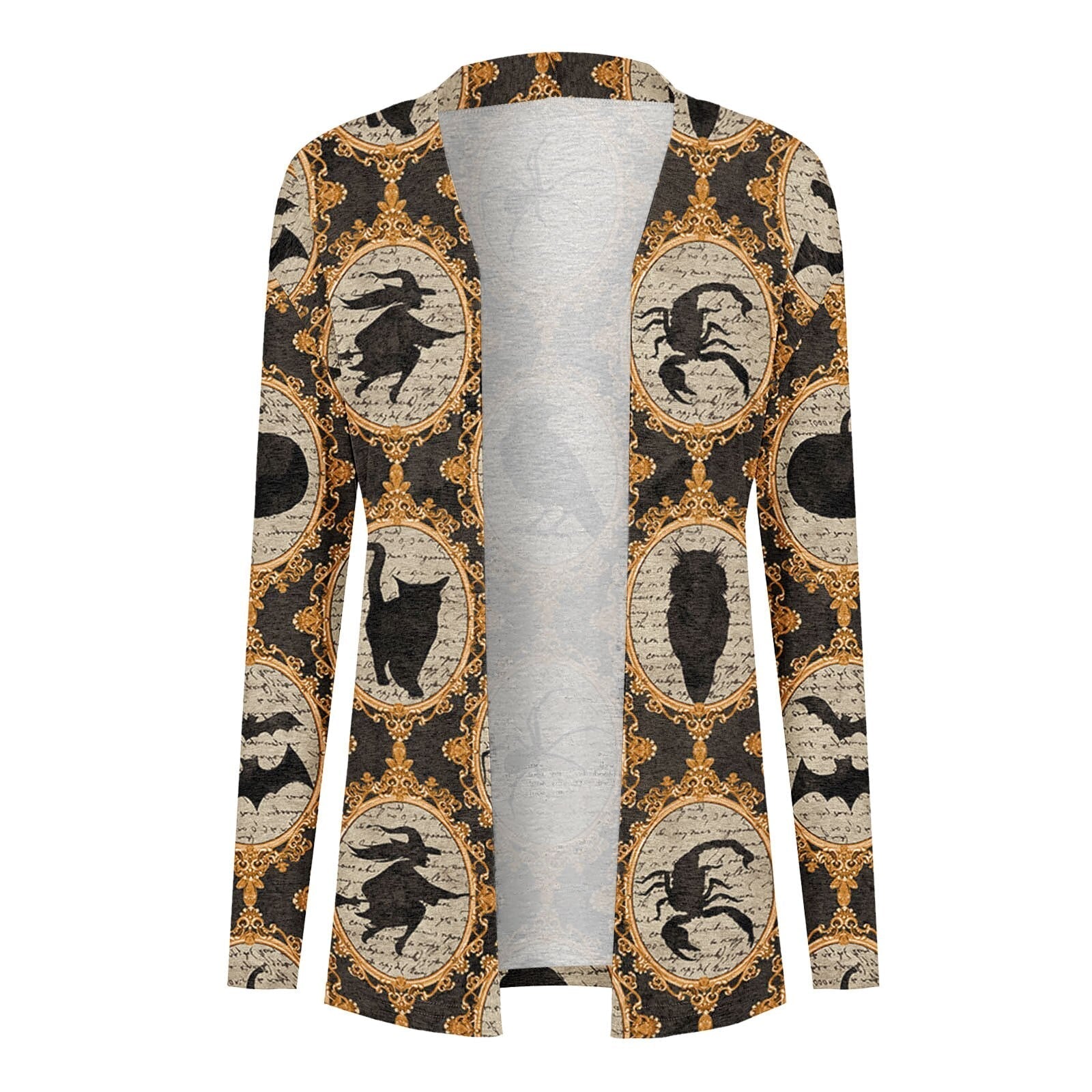 Halloween Skull Black Cat Print Long Sleeve Cardigan Autumn Winter Casual Open Stitch Long Top Ladies Elegant Cardigan Outerwear