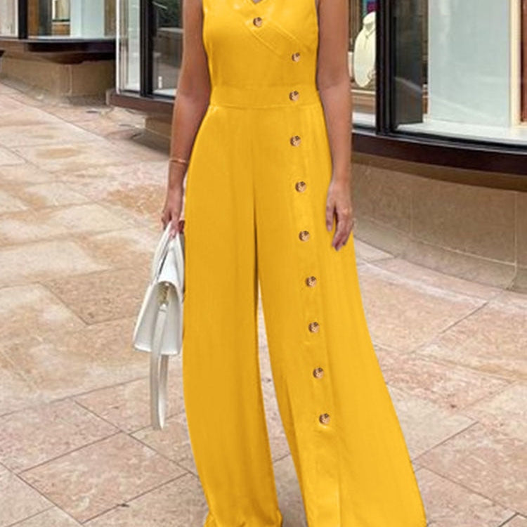 ZANZEA Fashion Wide Leg Pant Long Rompers Sexy V Neck Jumpsuits Casual Summer Sleeveless Waisted Buttons Split Playsuits