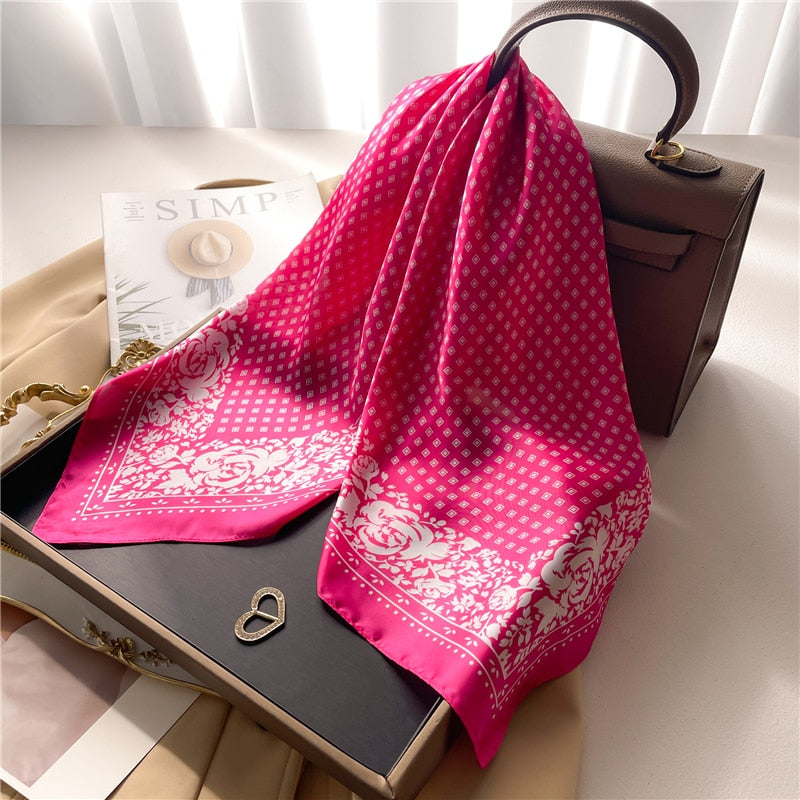 Fashion Hair Scarf for Women Decor Headband Ribbon Satin Silk Square Scarves Lady Wrist Wrap Shawls Design Bandana Foulard FJ709-5