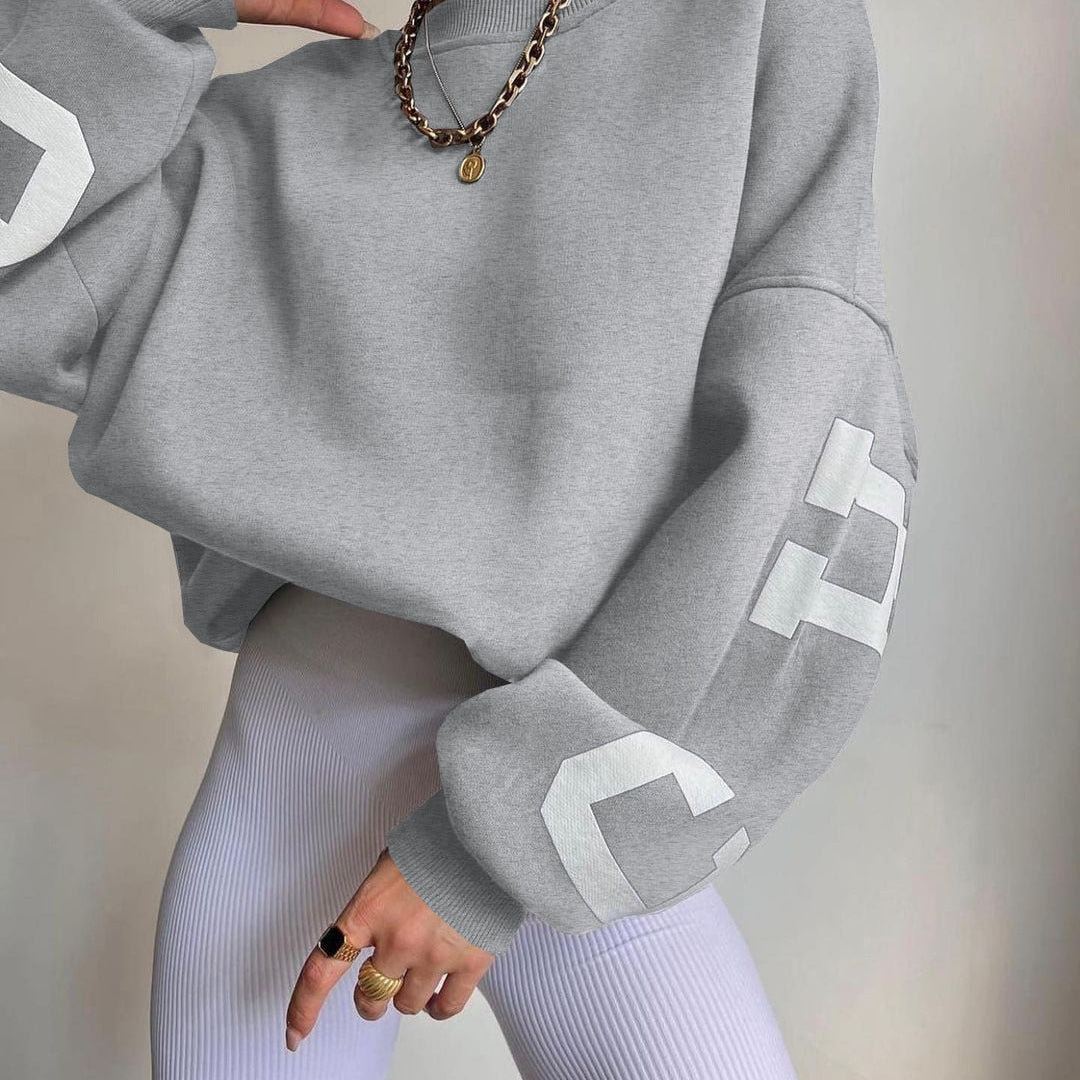 Women Casual Sweatshirts Fashion Letters Print O Neck Long Sleeve Pullovers Tops Vintage Loose Autumn Y2k Hoodies Streetwear Light grey