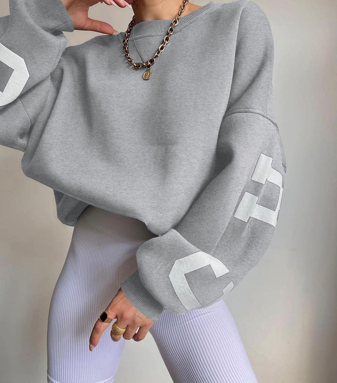 Women Casual Sweatshirts Fashion Letters Print O Neck Long Sleeve Pullovers Tops Vintage Loose Autumn Y2k Hoodies Streetwear Light grey
