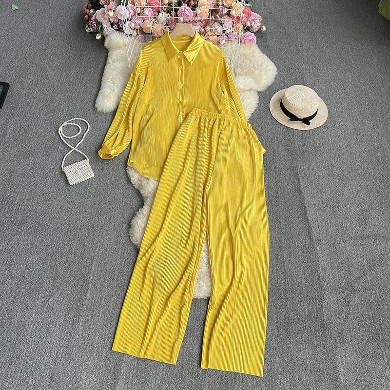 Casual Women Elegant Pleated Two Piece Set Long Sleeve Shirt And Wide Leg Pant Suits Loose Office Lady Outfits Autumn