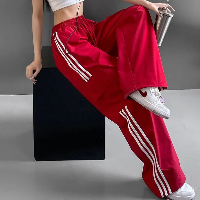 Women Casual Joggers Tech Pants Vintage Solid Low Waist Drawstring Baggy Trousers Y2K Wide Leg Sweatpants Streetwear Cargo Pants EA07632-Red