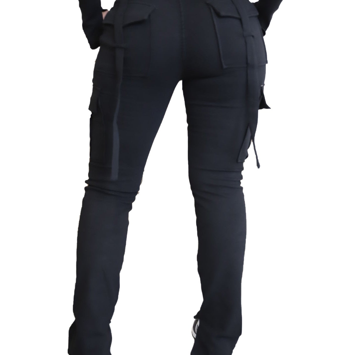 Women Pants for Summer Casual with Pockets Drawstring High Waist Trousers Fashion Polyerster Split Cargo Pant Adjustable Black