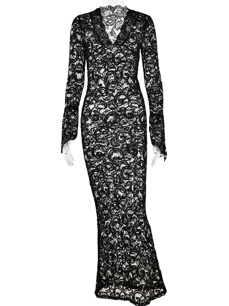 JULISSA MO 2023 Elegant Lace See Through V-neck Maxi Sexy Dress For Women Summer Chic Longsleeves Hollow Out Slim Floor Dress black