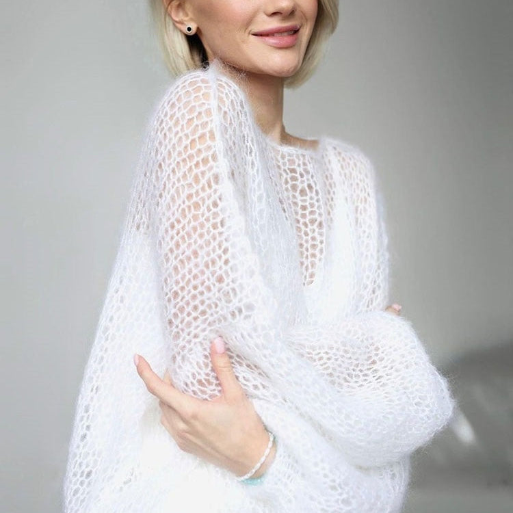 TYHRU Women's Knitted Sweaters Lady Hollow out Mesh Thin Pullover See Through Look Lantern Sleeve Loose Tops Smock