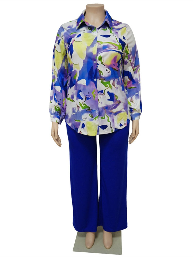 Plus Size Two Piece Set Women Print Shirts Tops and Pants Pockets Wide Leg Fall Fashion Matching Suit