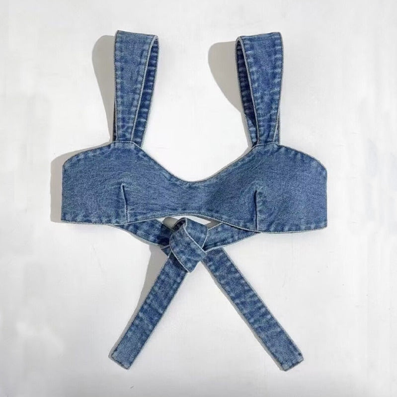 Woman Summer Jean Bra Tops Sexy Super Short Cowboy Suit Blouses Bandage Shirts L