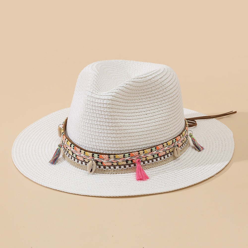 Women Pink Tassel Cowboy Hat Floppy Beach Hats Summer Straw Hats Ladies UV Protection Hat Panama Sun Hat white 1