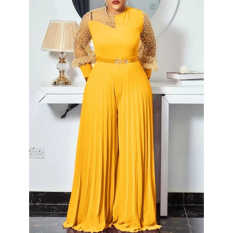 S-5xl Fall Outfits Women Pink Fashion Plus Size Jumpsuit Slim Pleated Long Sleeve Rompers Elegant Clothes Wholesale Dropshipping