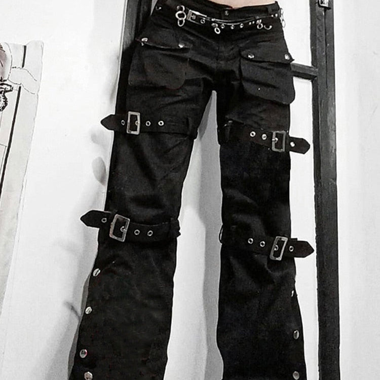 Eyelet Buckle Cyber Punk Goth Baggy Jeans Y2K Woman Techwear Dark Academic Solid E Girl Cargo Pants Denim Gothic Hippie Trousers