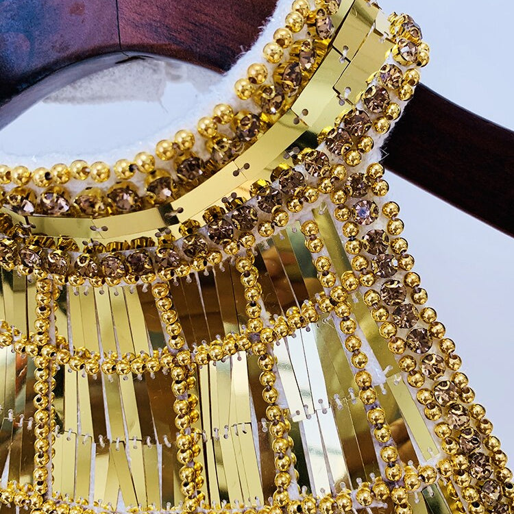 HIGH STREET Newest Fashion Designer Tops Women's Stunning Metallic Diamonds Beaded Halter Neck Tweed Camis Tank Tops