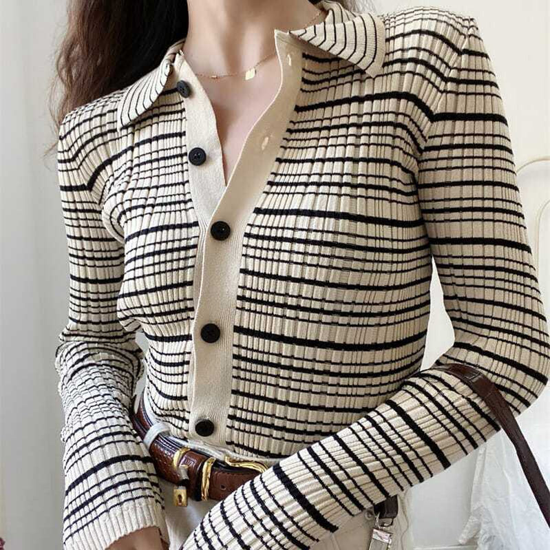 HELIAR Women Polo Collar Single Breasted Cardigan Sweater Striped Long Sleeve Jumpers Knit Office Sweater For Women Fall Winter