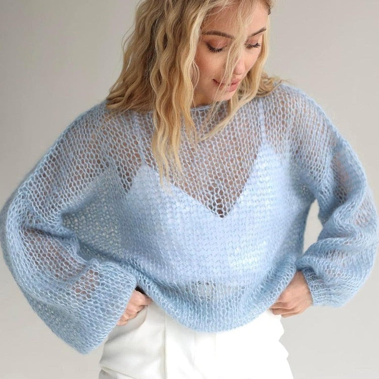 TYHRU Women's Knitted Sweaters Lady Hollow out Mesh Thin Pullover See Through Look Lantern Sleeve Loose Tops Smock