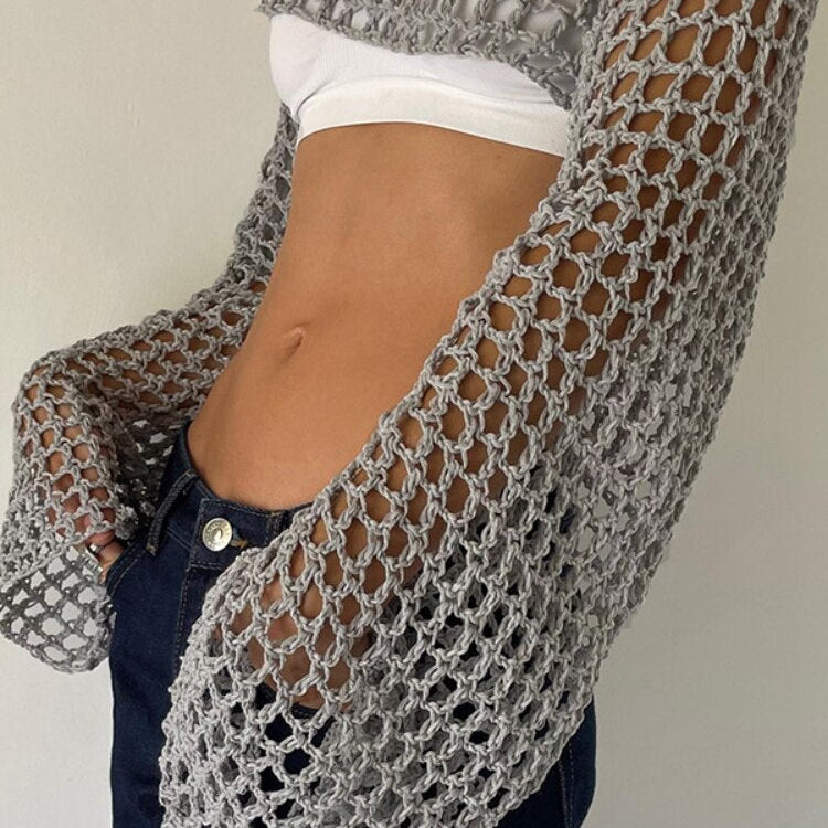 Summer Long Sleeve Smock Knitted Crop Top Women Y2k Beach Sexy Backless Hollow Out T Shirts Green Party Casual Pullovers Grey