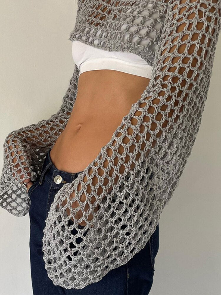 2023 Summer Long Sleeve Smock Knitted Crop Top Women Y2k Beach Sexy Backless Hollow Out T Shirts Green Party Casual Pullovers
