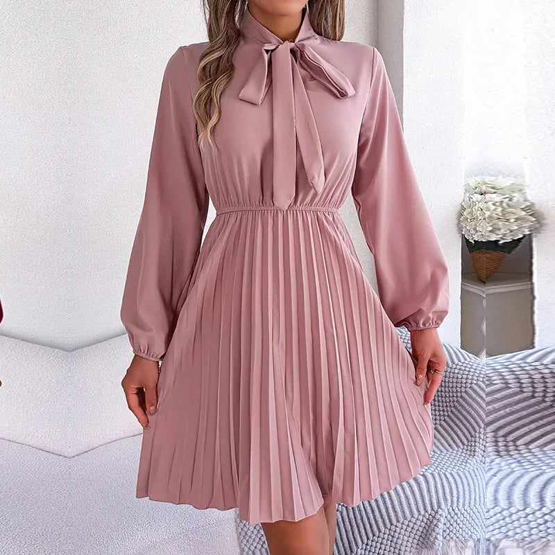 Women's Autumn Winter Temperament Lace Up Solid Color High Waist Long Sleeve Pleated Dress Pink