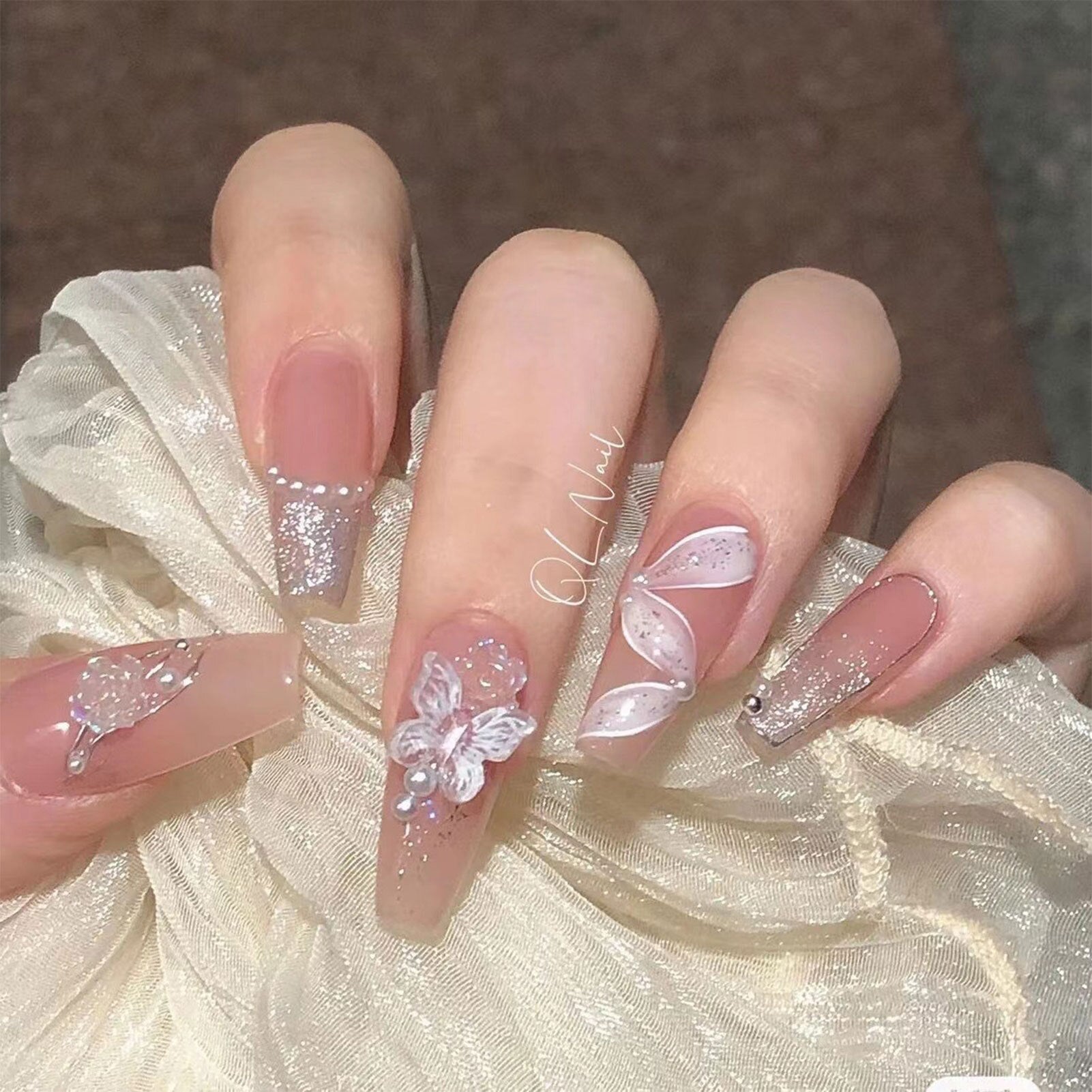 French Style False Nails Glitte Bow Design Fake Nail Patch False Nail Patch Mid Length Coffin Ballerina Acrylic Artificial Nails Spain 767885