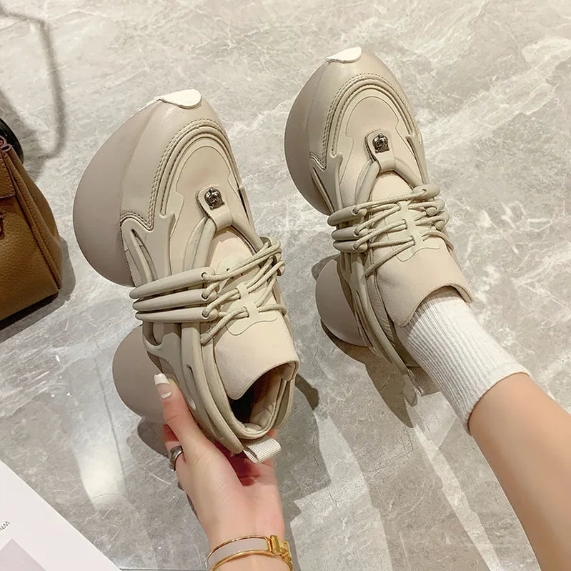 Women Sneakers Genuine leather Platform Sneakers Women Casual Shoes Chunky Sneaker 6CM Increase Designer Thick Sole Dad Shoes Gray