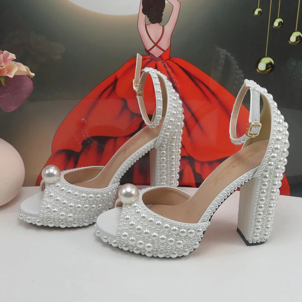 White Female Sandals Bridal shoes bag set woman Fashion Thin Heel Big Pearl Girls fashion Sandals party Shoes 10cm open shoe Only