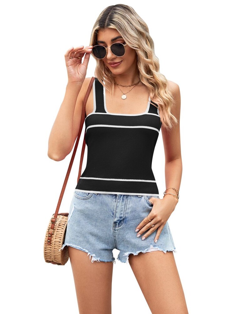 Women's 2023 Summer New Contrast Color Foreign Trade Knitted Sweater Short Style Crop Vest