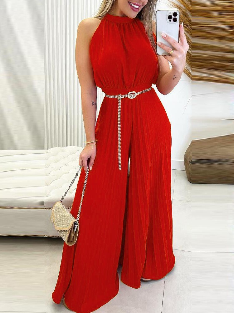 Elegant Women Fashion Red Green Sleeveless Jumpsuit Summer Sexy Halter Tied Detail Plain Pleated Wide Leg Casual Long Jumpsuit