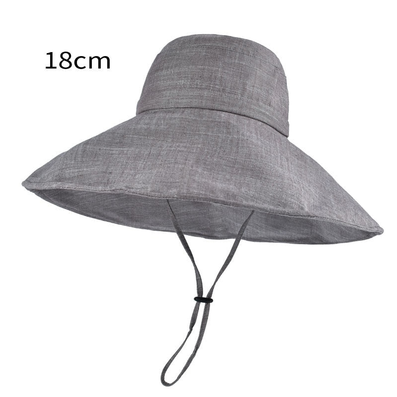 Wide Brim 18cm Linen Sun Hats for Women Uv Protection UPF 50+ Sunshade Foldable Bucket Hat Beach Outing Panama grey 55-60cm