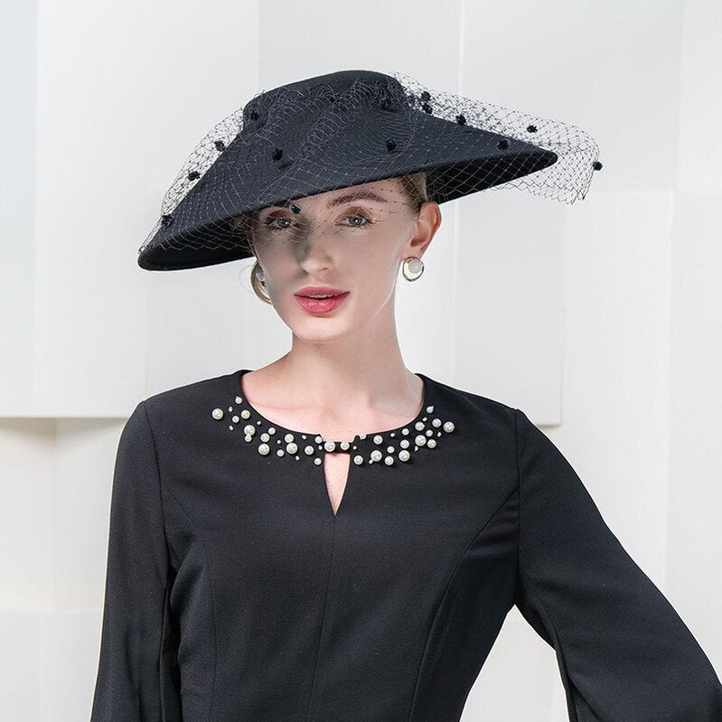 FS Elegant Church Kentucky Cap Ladies Luxury Wide Brim Black Wool Hats Fascinators For Women Cocktail Party Dress Fedoras Default Title