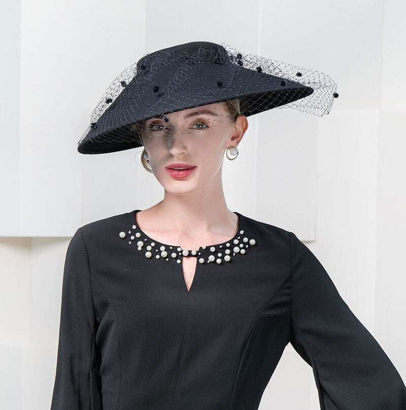 FS Elegant Church Kentucky Cap Ladies Luxury Wide Brim Black Wool Hats Fascinators For Women Cocktail Party Dress Fedoras Default Title