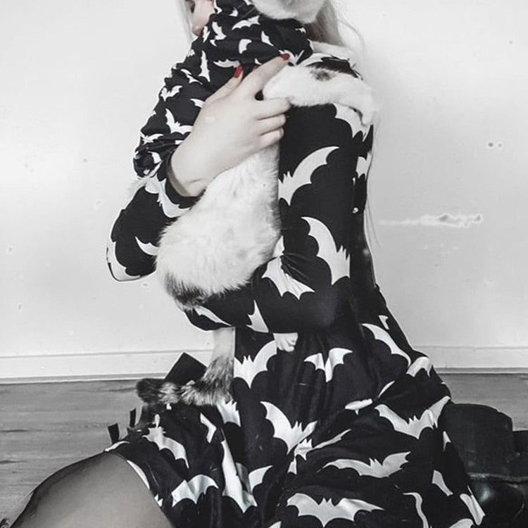 Gothic Black Bat Printed Dress Tutleneck for Women Long Sleeve Spring Fall Punk Vestidos Party Outfits Soft Clothes