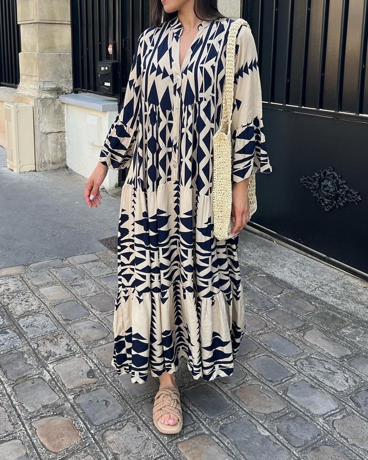Casual Printed Long Dress Women Spring Summer Long Sleeve Pleated Dress Women's Fashion Retro Bohemian Dress