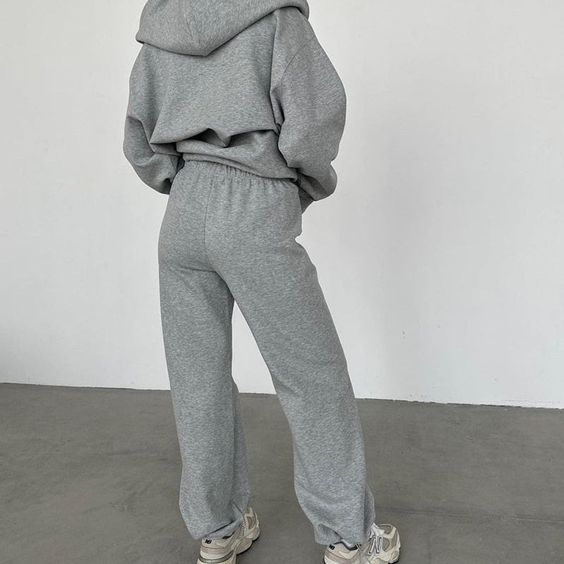 WOTWOY Causal Fleece Hooded Sweatshirts and Pants 2 Piece Sets Womens Outfits Autumn Winter Sweatpants Female Grey Pullovers