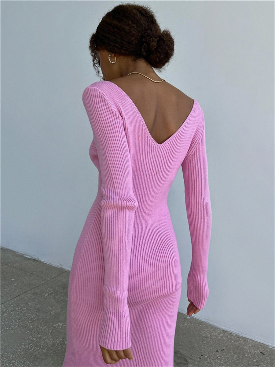 Fall Winter Knit Rib Wrap Midi Pencil Dress for Women Casual Simple Style Long Sleeve V-Neck Backless Bodycon Dress