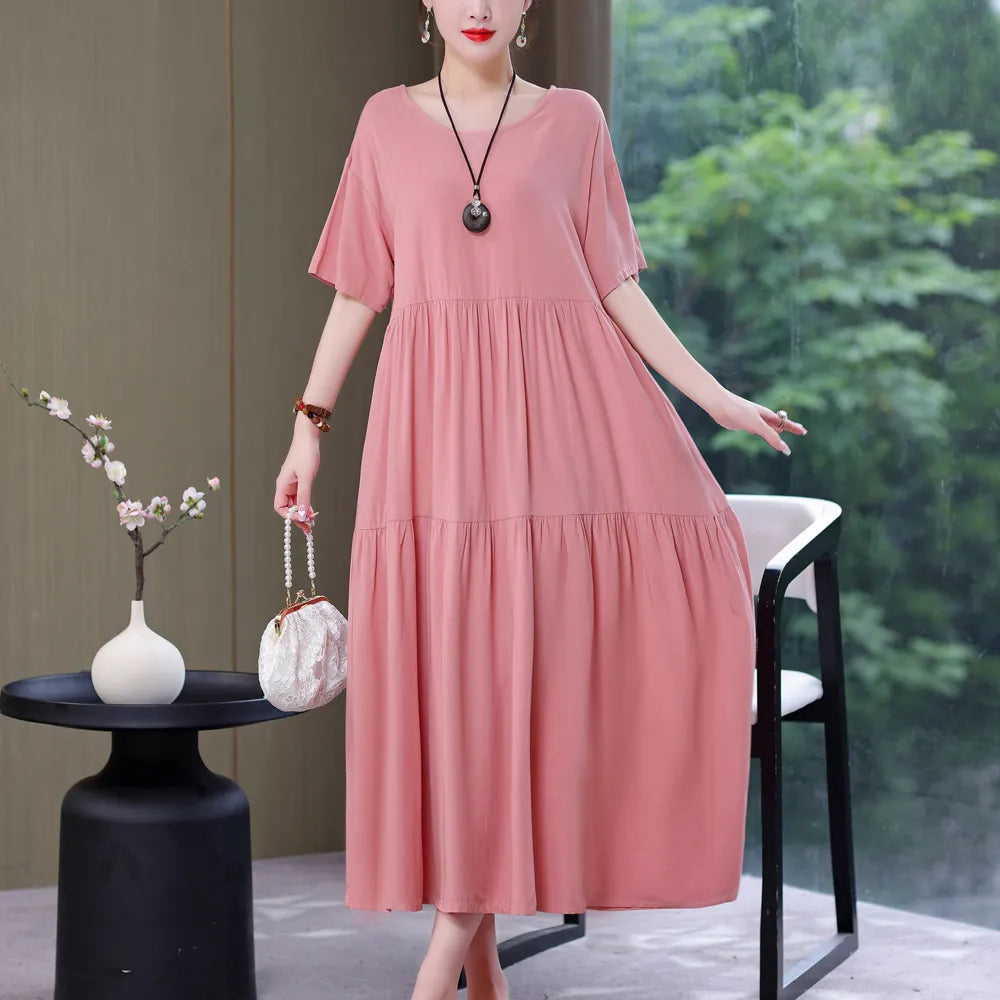 New Fashion Causal Summer Dresses For Women Loose Solid Long O-neck Dress Vintage Short Sleeve Womens Clothing Pink