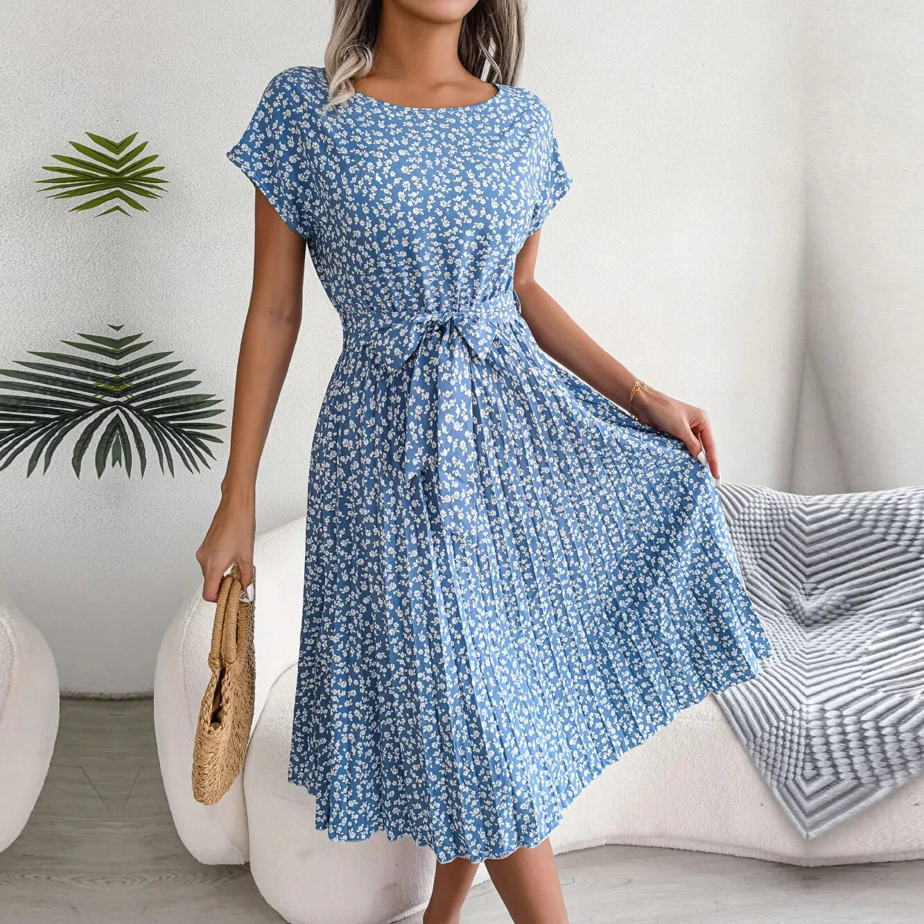 Fashion Floral Pleated A Line Long Dress Women Spring Summer Short Sleeve High Waist Chic Dress Blue