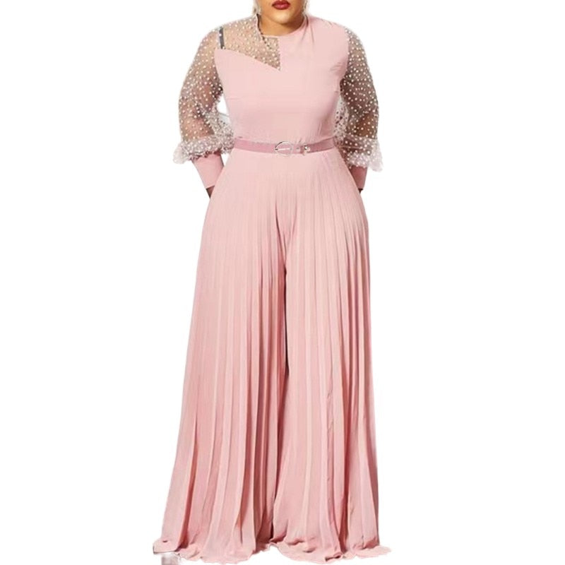 S-5xl Fall Outfits Women Pink Fashion Plus Size Jumpsuit Slim Pleated Long Sleeve Rompers Elegant Clothes Wholesale Dropshipping