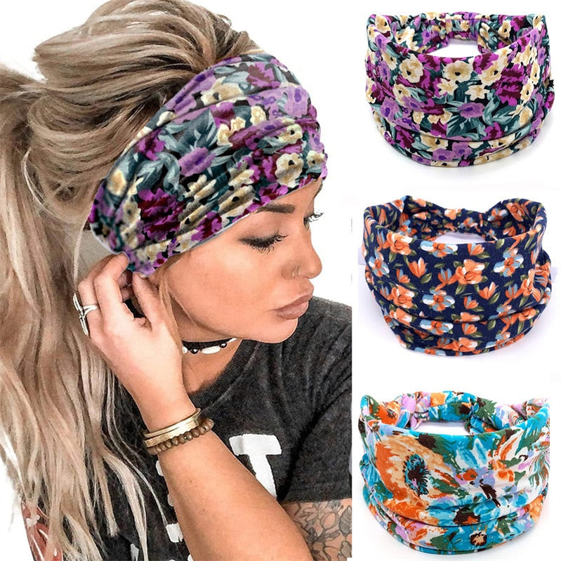Fashion Print Knoted Elastic Yoga Sport Casual Headbands Hair Accessories for Women Boho Stretch Turban Head Wrap Wide Hairband