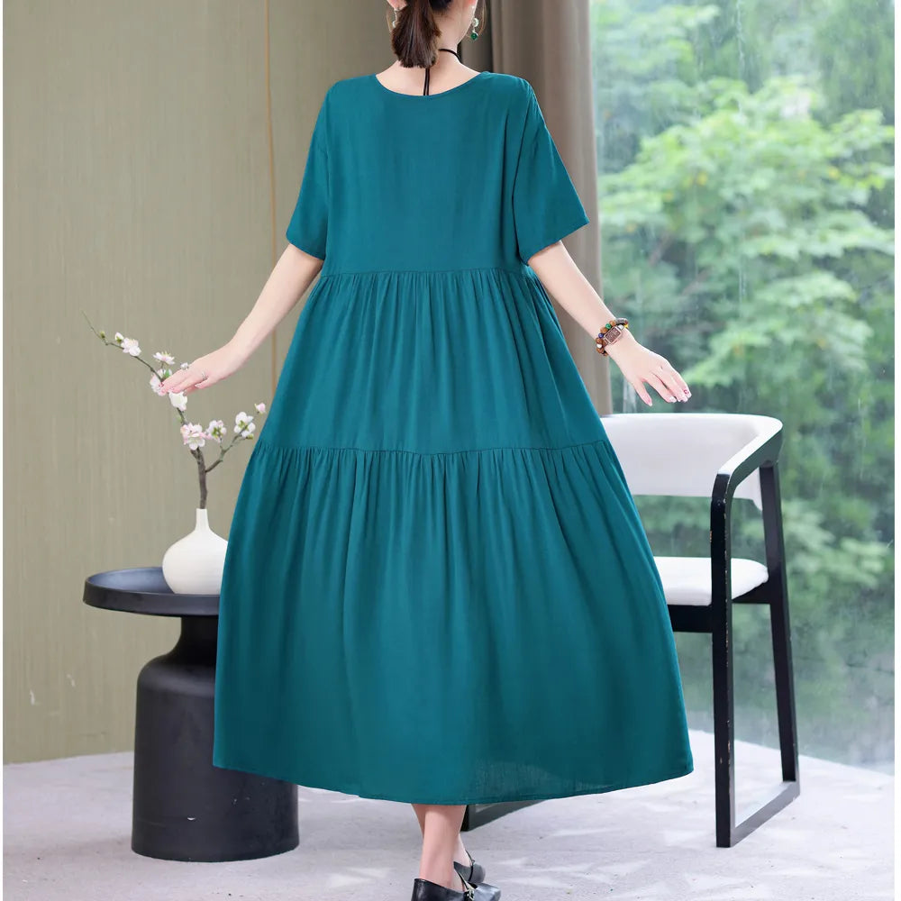 New Fashion Causal Summer Dresses For Women Loose Solid Long O-neck Dress Vintage Short Sleeve Womens Clothing